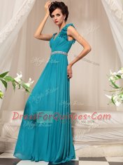 New Style V-neck Sleeveless Prom Dress Floor Length Ruffles Teal Chiffon