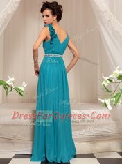 New Style V-neck Sleeveless Prom Dress Floor Length Ruffles Teal Chiffon