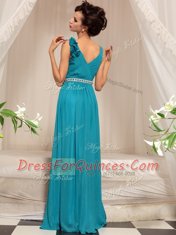 New Style V-neck Sleeveless Prom Dress Floor Length Ruffles Teal Chiffon