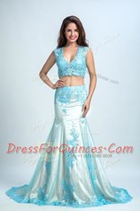 Mermaid Chiffon Sleeveless With Train Prom Evening Gown Brush Train and Beading and Pattern