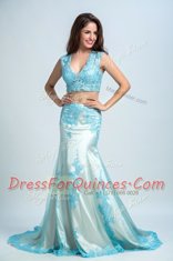Mermaid Chiffon Sleeveless With Train Prom Evening Gown Brush Train and Beading and Pattern