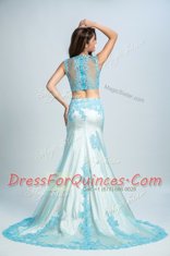 Mermaid Chiffon Sleeveless With Train Prom Evening Gown Brush Train and Beading and Pattern