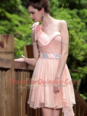 Graceful One Shoulder Pink Sleeveless Beading Floor Length Prom Gown