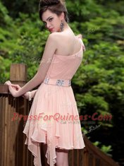 Graceful One Shoulder Pink Sleeveless Beading Floor Length Prom Gown