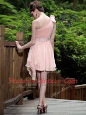 Graceful One Shoulder Pink Sleeveless Beading Floor Length Prom Gown