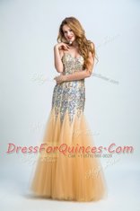 Strapless Sleeveless Homecoming Dress Floor Length Sequins Gold Tulle and Sequined