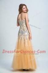 Strapless Sleeveless Homecoming Dress Floor Length Sequins Gold Tulle and Sequined