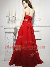 High Quality With Train Lace Up Prom Party Dress Red for Prom and Party with Beading and Ruching Brush Train