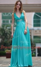 Custom Made Sleeveless Floor Length Beading Side Zipper Prom Gown with Aqua Blue