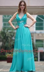 Custom Made Sleeveless Floor Length Beading Side Zipper Prom Gown with Aqua Blue