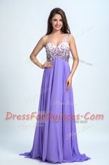 One Shoulder With Train Backless Prom Party Dress Lavender for Prom with Beading Brush Train