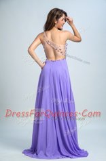 One Shoulder With Train Backless Prom Party Dress Lavender for Prom with Beading Brush Train