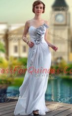 Silver Column/Sheath V-neck Sleeveless Chiffon Floor Length Zipper Beading and Ruching Prom Evening Gown