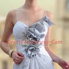 Silver Column/Sheath V-neck Sleeveless Chiffon Floor Length Zipper Beading and Ruching Prom Evening Gown
