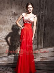Wonderful V-neck Cap Sleeves Backless Dress for Prom Coral Red Chiffon