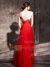Wonderful V-neck Cap Sleeves Backless Dress for Prom Coral Red Chiffon