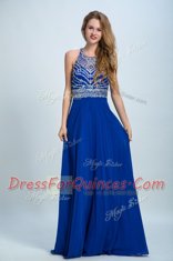 Chiffon Scoop Sleeveless Criss Cross Beading Prom Party Dress in Royal Blue