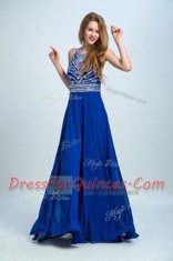 Chiffon Scoop Sleeveless Criss Cross Beading Prom Party Dress in Royal Blue