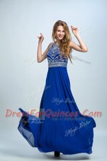 Chiffon Scoop Sleeveless Criss Cross Beading Prom Party Dress in Royal Blue