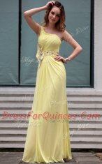 Customized Light Yellow Prom Dresses Prom and Party and For with Beading One Shoulder Sleeveless Side Zipper