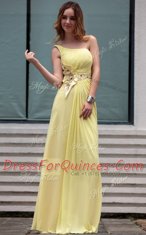 Customized Light Yellow Prom Dresses Prom and Party and For with Beading One Shoulder Sleeveless Side Zipper