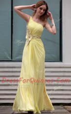Customized Light Yellow Prom Dresses Prom and Party and For with Beading One Shoulder Sleeveless Side Zipper