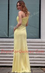 Customized Light Yellow Prom Dresses Prom and Party and For with Beading One Shoulder Sleeveless Side Zipper