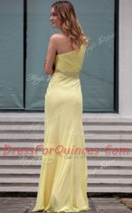Customized Light Yellow Prom Dresses Prom and Party and For with Beading One Shoulder Sleeveless Side Zipper