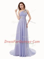 High End Lavender One Shoulder Neckline Beading Prom Dress Sleeveless Zipper