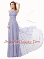 High End Lavender One Shoulder Neckline Beading Prom Dress Sleeveless Zipper