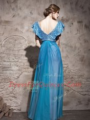 Floor Length Teal Prom Dress Tulle Cap Sleeves Sequins