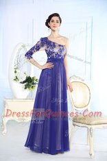 One Shoulder Blue Long Sleeves Beading and Appliques Floor Length Dress for Prom