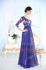 One Shoulder Blue Long Sleeves Beading and Appliques Floor Length Dress for Prom