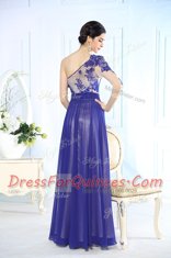 One Shoulder Blue Long Sleeves Beading and Appliques Floor Length Dress for Prom