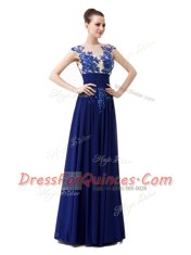 Blue High-neck Zipper Beading and Appliques Evening Dress Cap Sleeves
