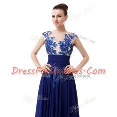 Blue High-neck Zipper Beading and Appliques Evening Dress Cap Sleeves