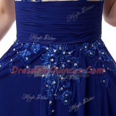 Blue High-neck Zipper Beading and Appliques Evening Dress Cap Sleeves