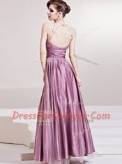 Scoop Sleeveless Taffeta Floor Length Zipper Prom Gown in Lilac with Beading and Ruching