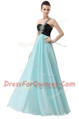 Modern One Shoulder Sleeveless Homecoming Dress Floor Length Beading and Ruffles Blue And Black Chiffon