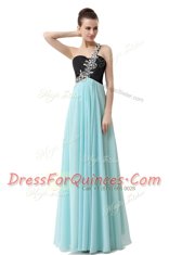 Modern One Shoulder Sleeveless Homecoming Dress Floor Length Beading and Ruffles Blue And Black Chiffon