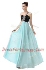 Modern One Shoulder Sleeveless Homecoming Dress Floor Length Beading and Ruffles Blue And Black Chiffon