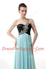 Modern One Shoulder Sleeveless Homecoming Dress Floor Length Beading and Ruffles Blue And Black Chiffon