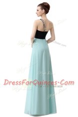 Modern One Shoulder Sleeveless Homecoming Dress Floor Length Beading and Ruffles Blue And Black Chiffon