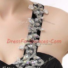Modern One Shoulder Sleeveless Homecoming Dress Floor Length Beading and Ruffles Blue And Black Chiffon