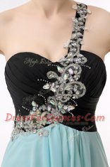 Modern One Shoulder Sleeveless Homecoming Dress Floor Length Beading and Ruffles Blue And Black Chiffon
