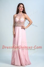 Classical Halter Top Baby Pink Sleeveless Beading Floor Length Prom Dresses