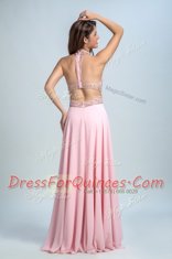 Classical Halter Top Baby Pink Sleeveless Beading Floor Length Prom Dresses