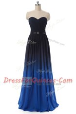 Graceful Blue And Black Sleeveless Floor Length Ruching and Belt Lace Up