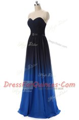 Graceful Blue And Black Sleeveless Floor Length Ruching and Belt Lace Up