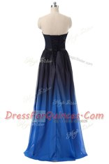 Graceful Blue And Black Sleeveless Floor Length Ruching and Belt Lace Up